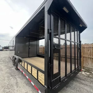 An 8.5x32TA hybrid enclosed trailer, customized as a mobile command center for drone operations, shown with its access doors open.