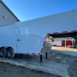 A generic white gooseneck trailer, a versatile, heavy-duty flatbed or enclosed trailer. The trailer is a bright white, emphasizing its clean lines and professional appearance.