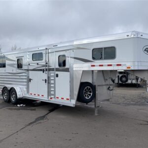 A new, white 2024 4 Star 2+1 Warmblood horse trailer with an all-aluminum construction. The gooseneck trailer is shown in a clean, outdoor setting and features multiple windows, a side ramp, and a rear ramp for easy horse loading.